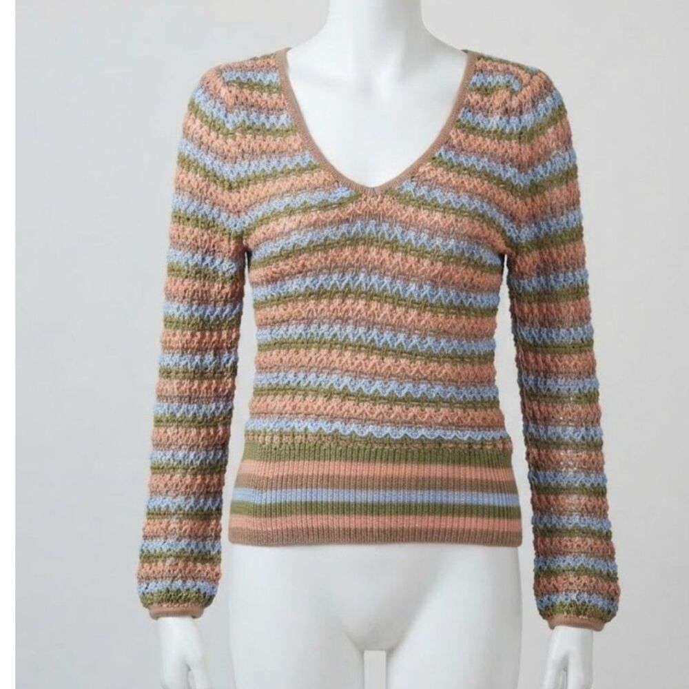 Willow & Root Striped Open Crochet Knit Long Sleeve V-Neck Sweater Size M NWT